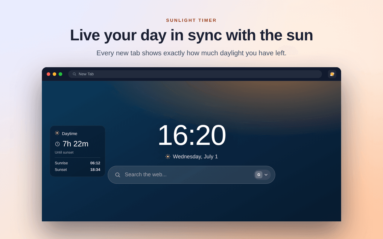 SunTime new tab showing remaining daylight