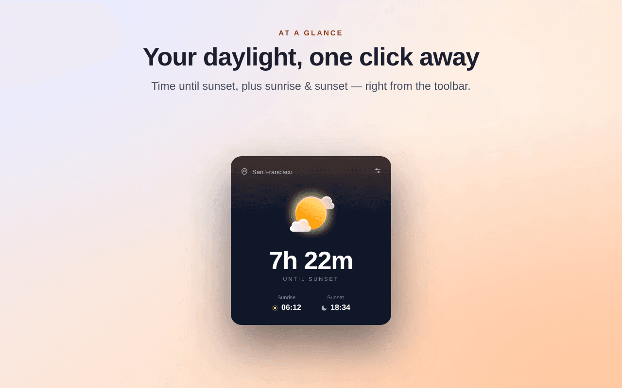 SunTime popup showing sunrise and sunset times
